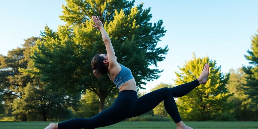 Person practices yoga outdoors, serene, calm.