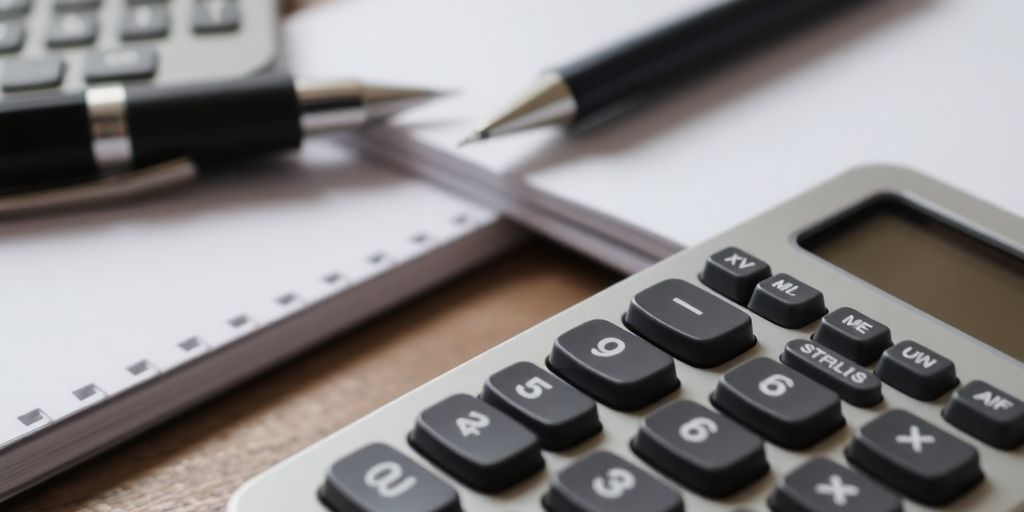 Calculatrice et bloc-notes sur une table en bois.