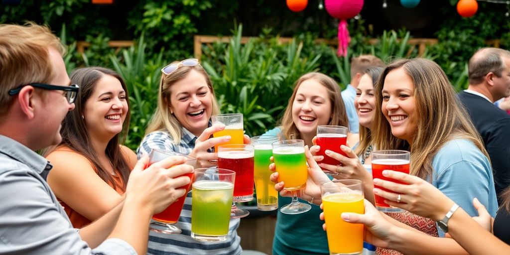 Friends enjoying alcohol-free drinks at a lively celebration.