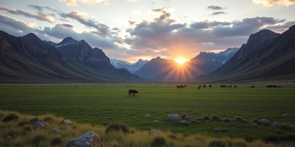 Serene Wyoming landscape with mountains and fields at sunset.
