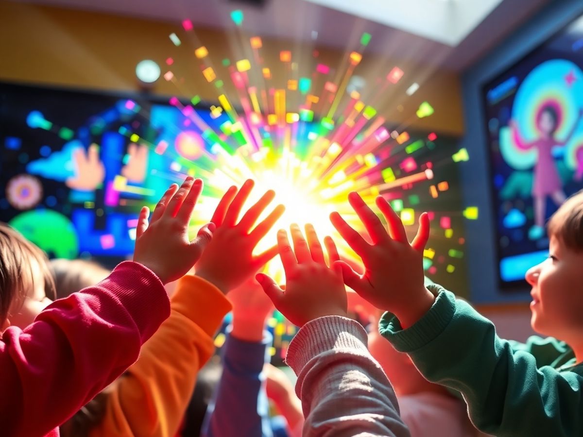 Copii explorând împreună o lume virtuală vibrantă.