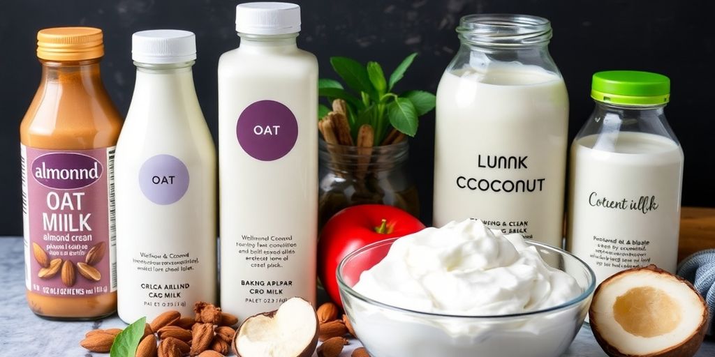 Assortment of plant-based milk and whipped cream substitute.