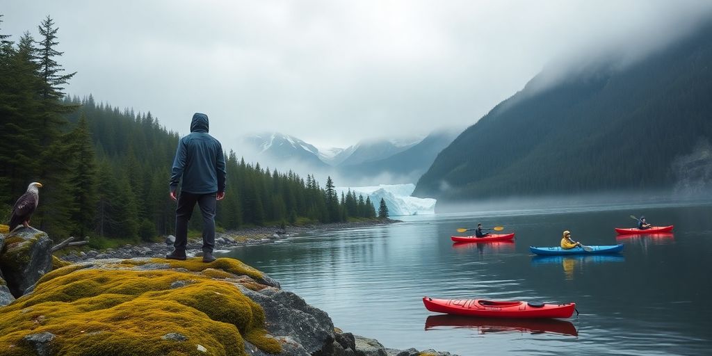 Hiker overlooks misty snowy Juneau shoreline with eagle and kayaks.