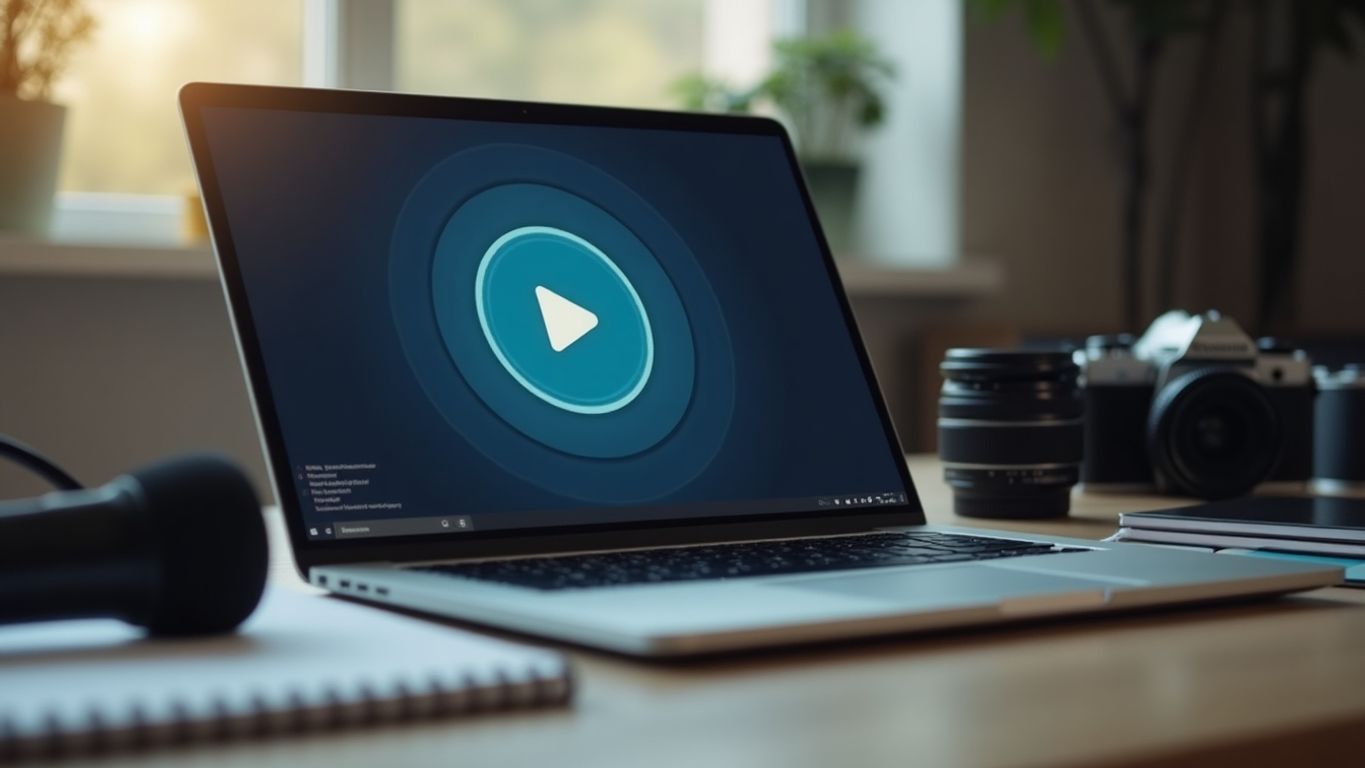 Laptop with play button and creative tools around it.
