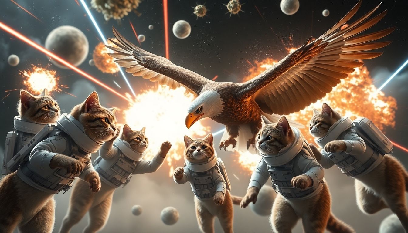 Dramatic cats in space suits fighting an eagle.