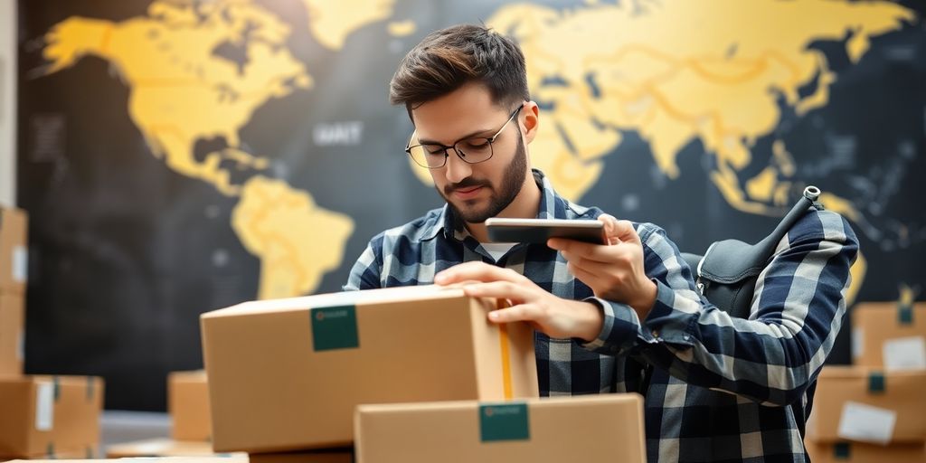 Small business owner examining packages with global map background.