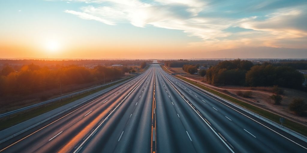 Voiture sur une autoroute déserte au lever du soleil.