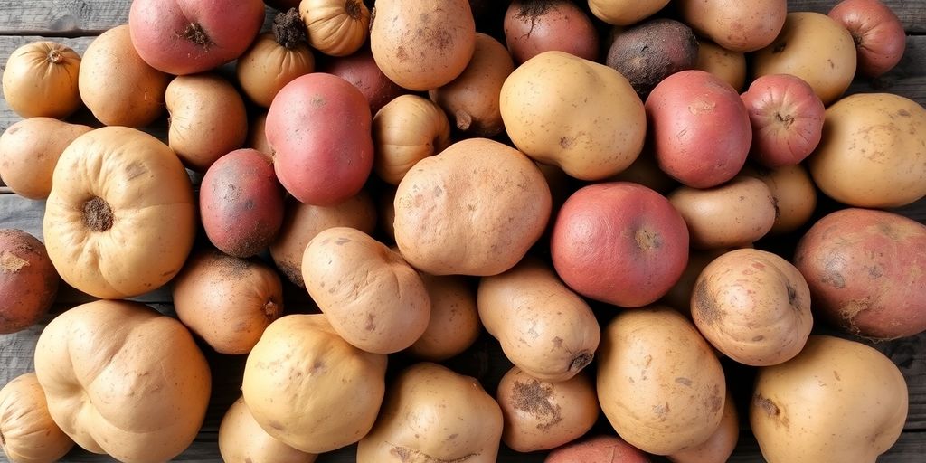 Een hoop verschillende aardappelen bij elkaar.