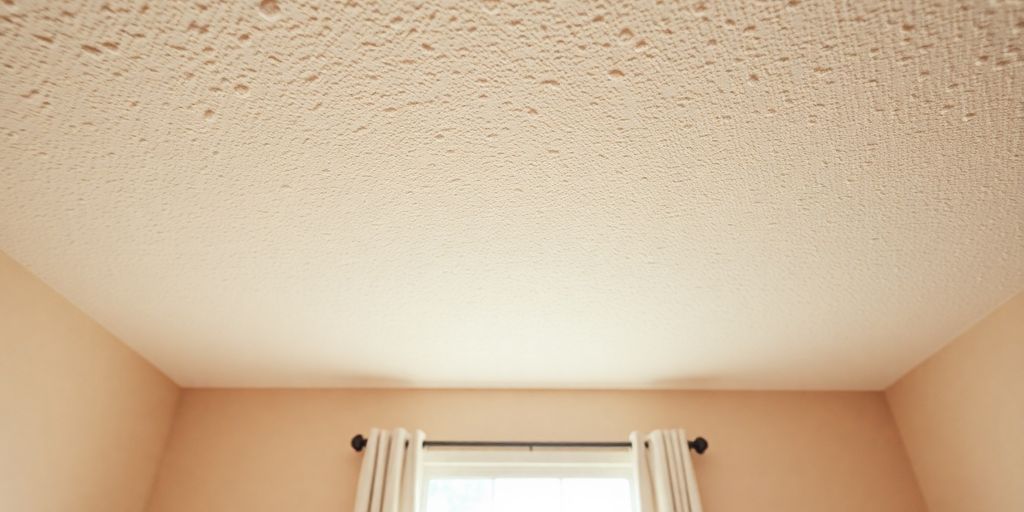 Textured popcorn ceiling in a cozy bedroom setting.