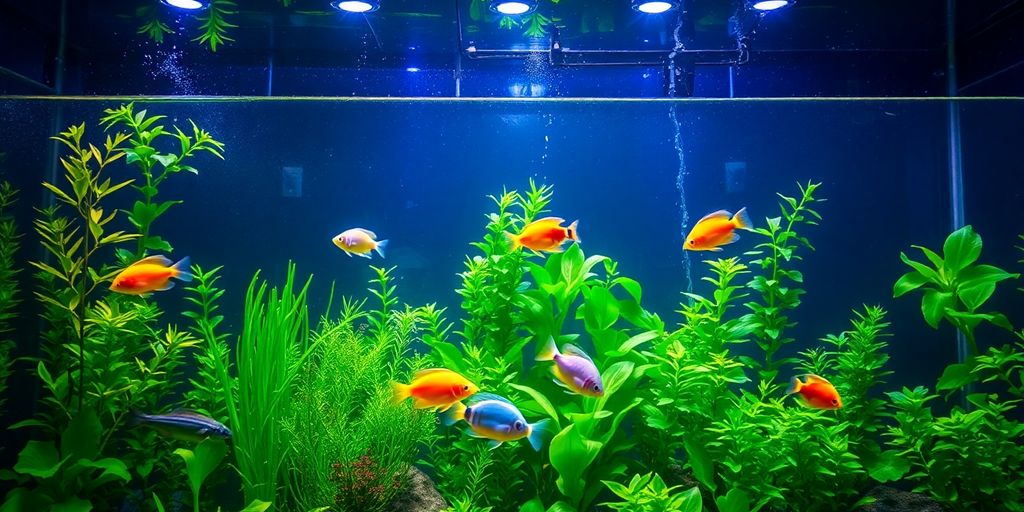 Colorful aquarium with diverse lighting and fish.