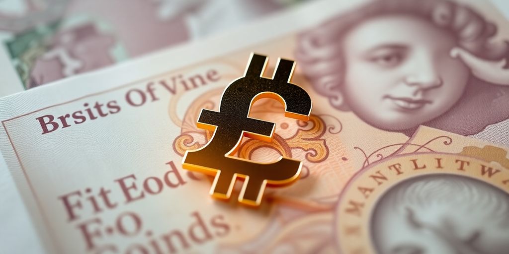Digital currency symbol with British pounds background.