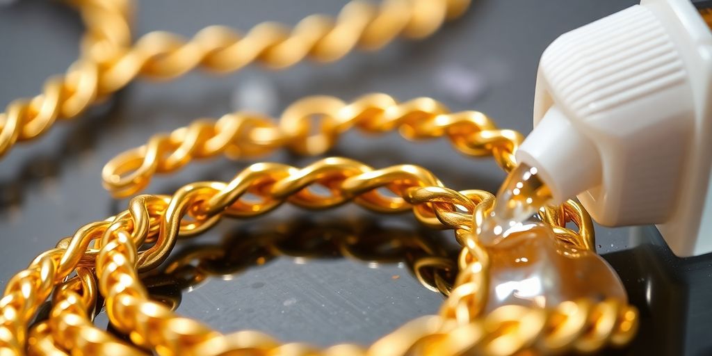 Close-up of gold jewelry and a drop of product.