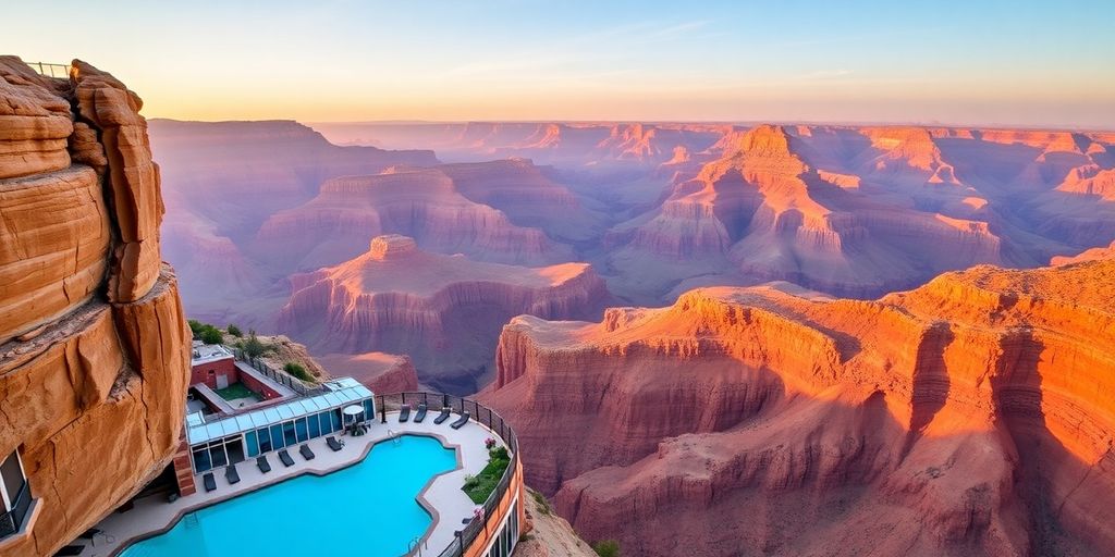 An aerial view of a hotel near the Grand Canyon.