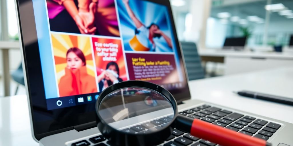 Laptop with colorful ads, magnifying glass.