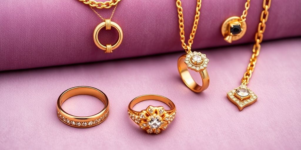 Bijoux en or étincelants sur un fond en velours.