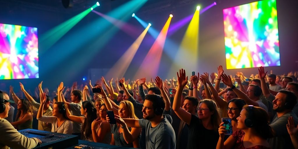 Fans with headphones cheering at a colorful live music show.