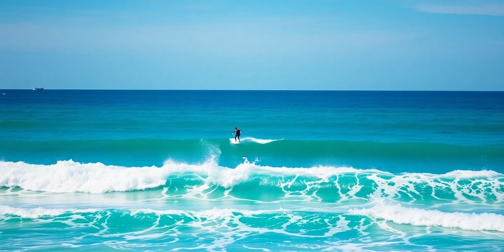 Scenic beach with surfer and crashing waves.