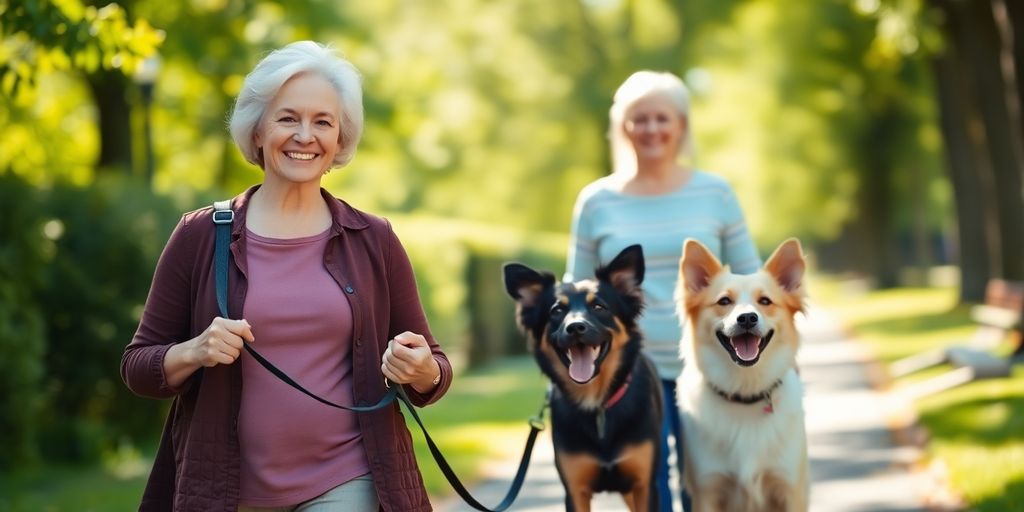 Senior woman happily walking two dogs on leashes.