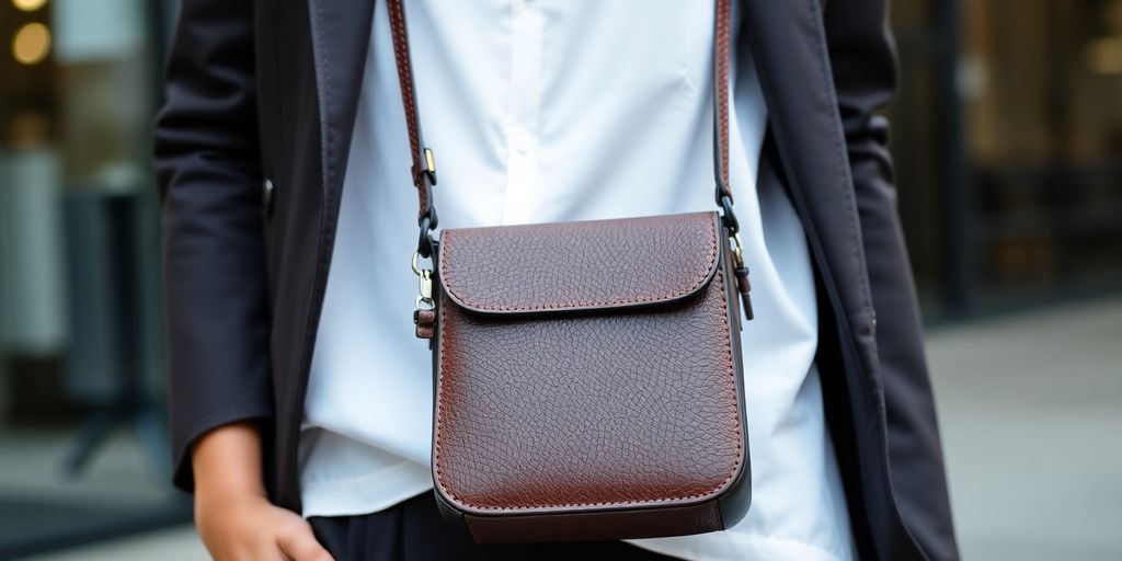Un homme élégant porte une sacoche noire.