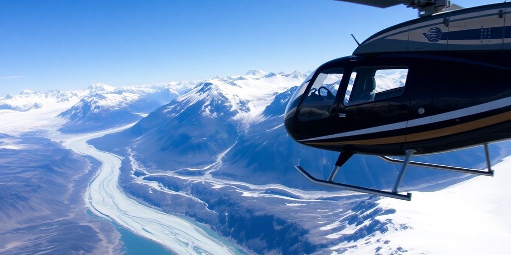 A helicopter flies over a vast, snow-covered Alaskan mountain range.