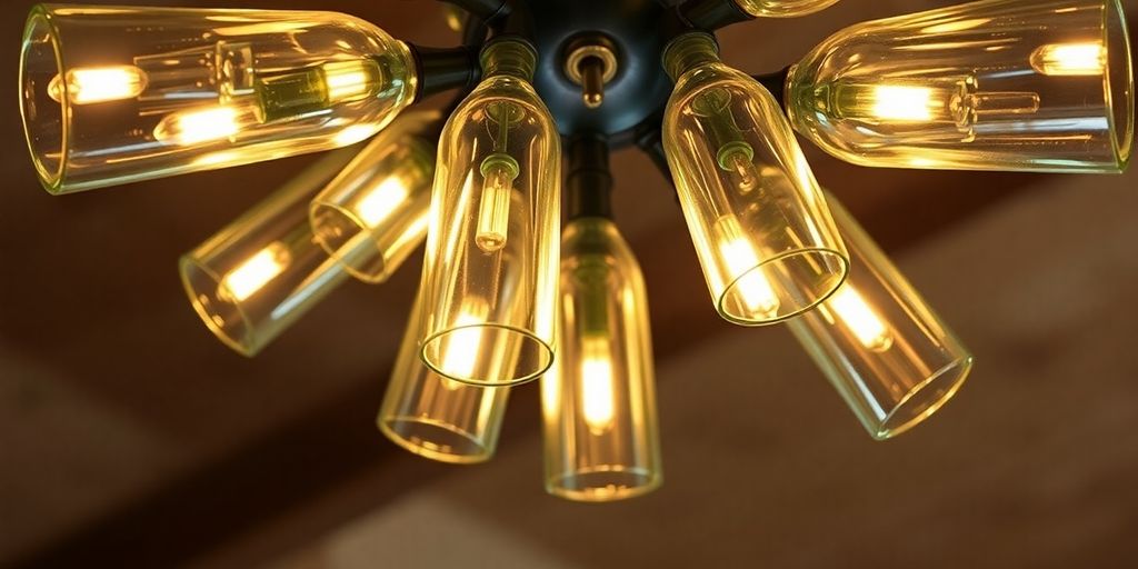 DIY wine bottle chandelier hanging in a dining room.