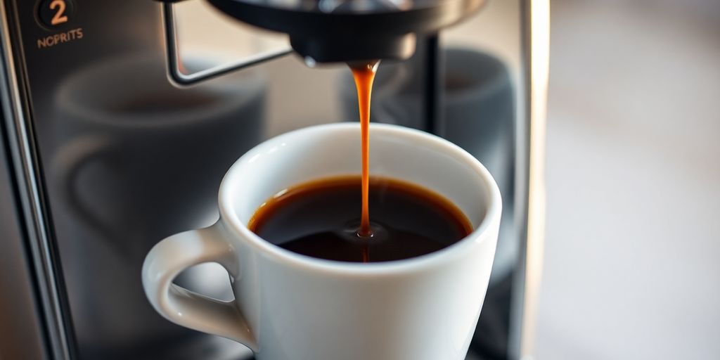 Close-up of sleek Nespresso machine, coffee pouring.