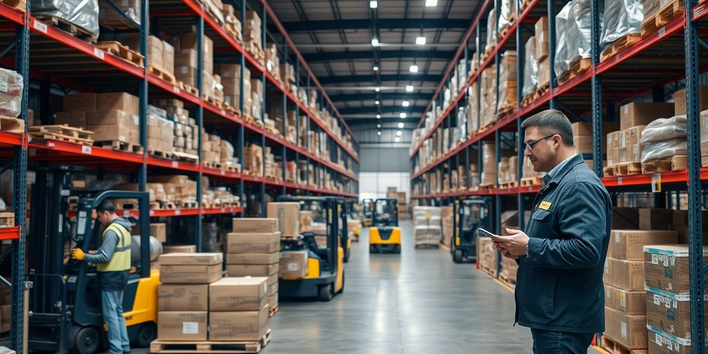 Warehouse workers managing inventory with forklifts and tablets.
