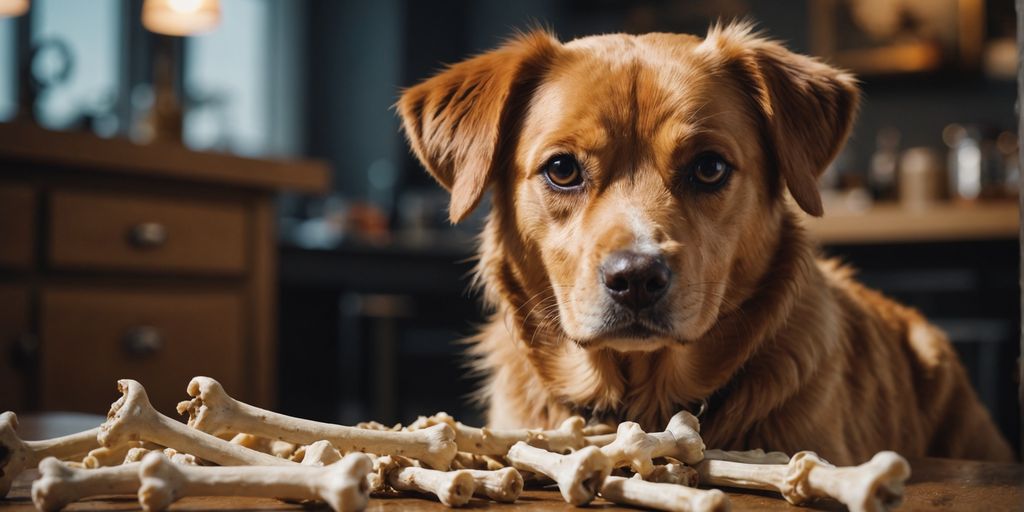 Dog staring at chicken bones, unsure if safe to eat.