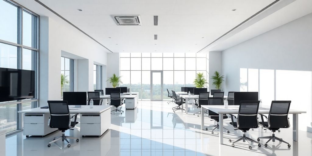 Modern real estate office with minimalist design and natural light.