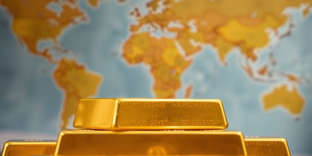 Barres d'or empilées avec une carte floue en arrière-plan.