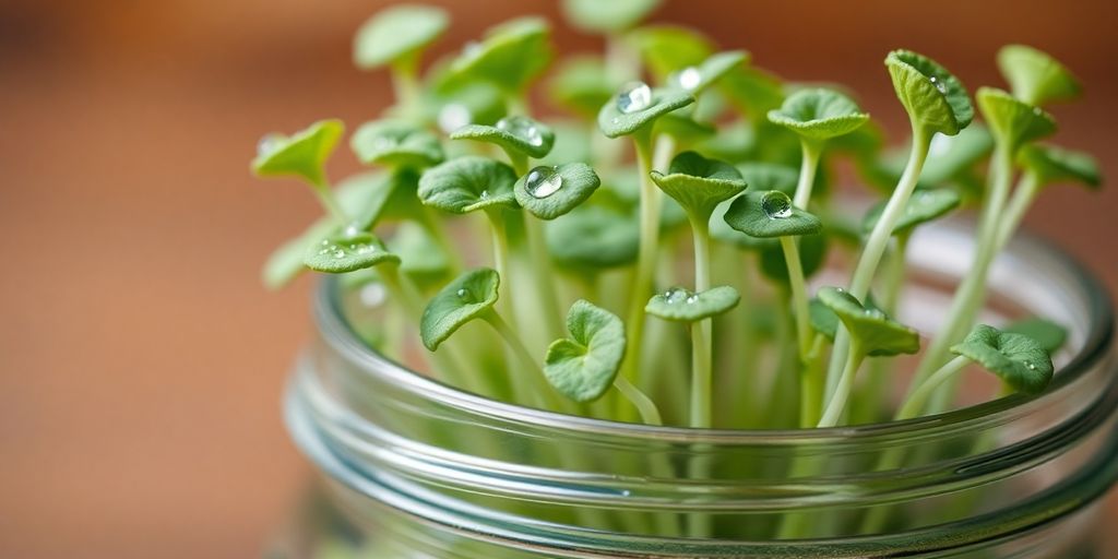 Close-up of fresh, dewy green broccoli sprouts in a jar.