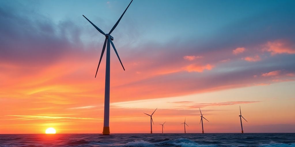 Modern offshore wind turbines against a dynamic ocean backdrop.