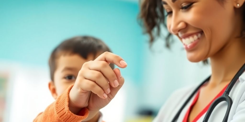 Pediatric nurse practitioner caring for a young child.