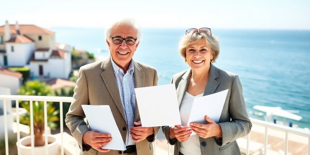 Retiree couple enjoying Portuguese coast with financial documents.