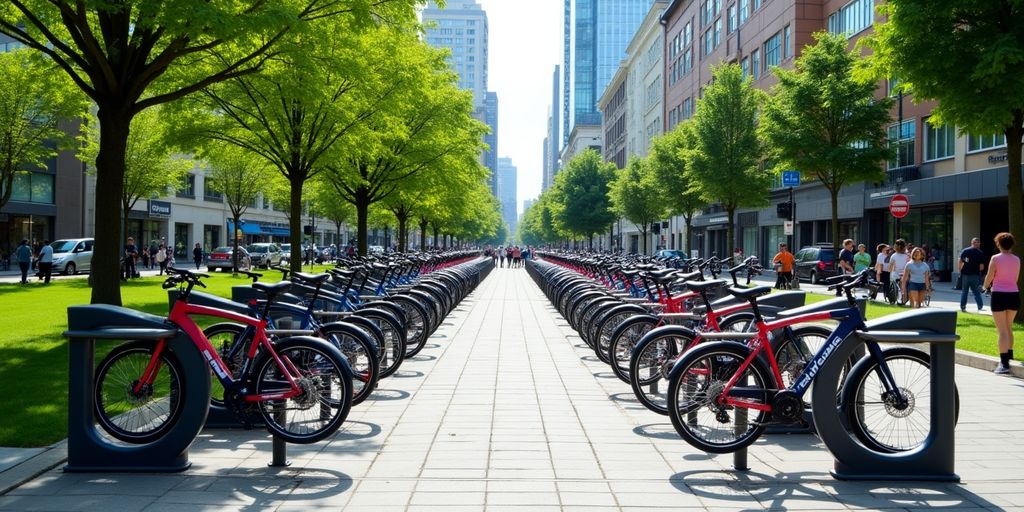 Urban bike rack with bicycles in a city setting.