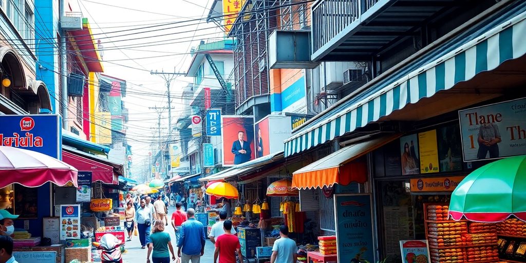 Bustling Thai street market with colorful shops.