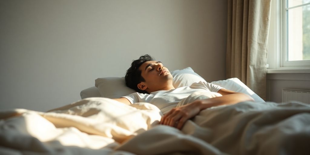 Person sleeping peacefully in a sunlit room.