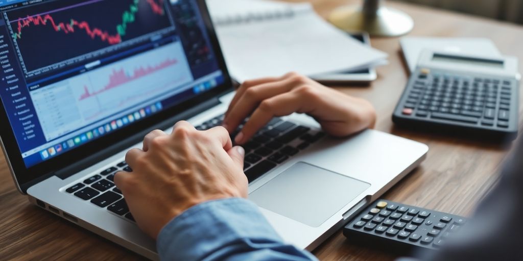 Trader's hands on laptop with trading tools nearby.