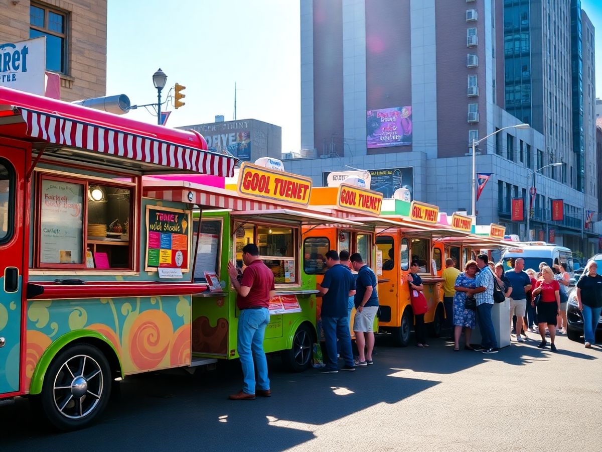 Food trucks colorate pe străzi aglomerate.