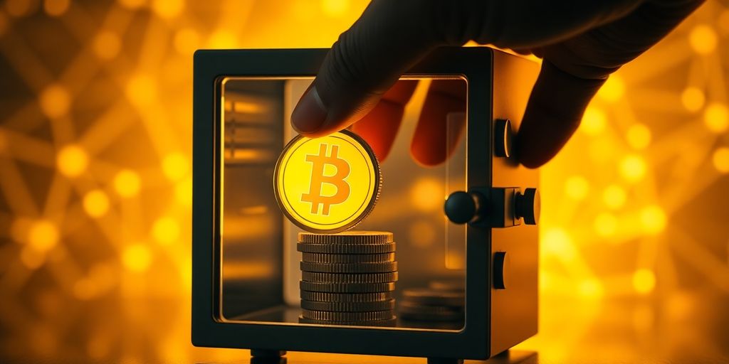 Hand placing glowing crypto coin into secure digital vault.