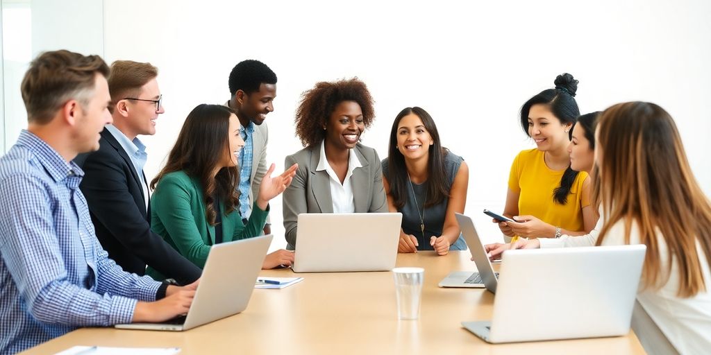Team members discussing ideas in a modern office setting.