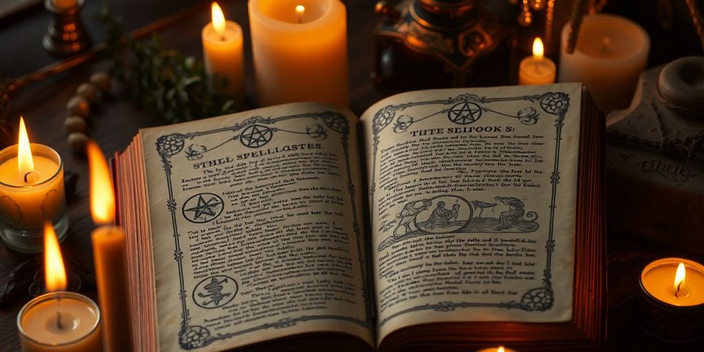Livro de feitiços aberto com velas ao redor.