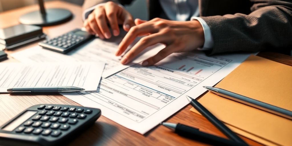 Person organizing options trading financial documents on desk.