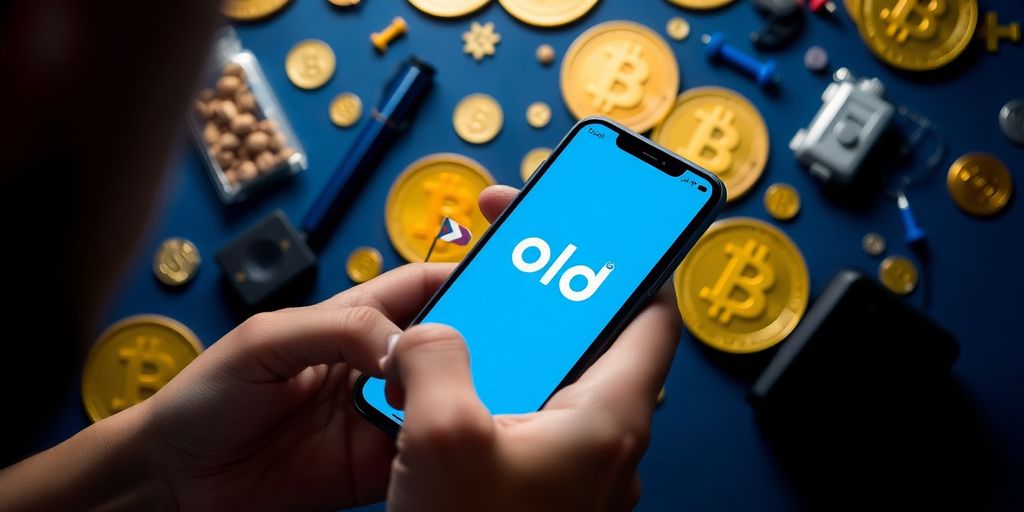 Person using Fold app on smartphone with Bitcoin symbols.