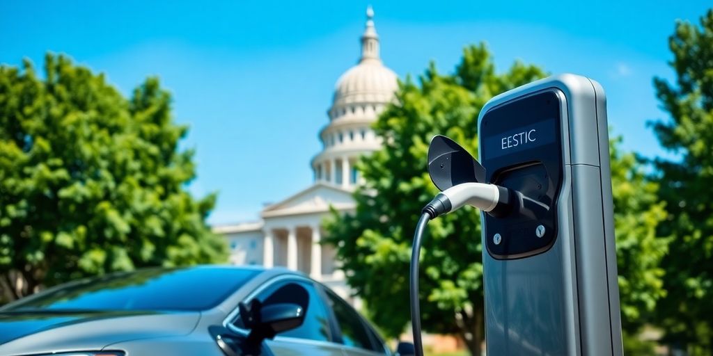 EV charging station in Illinois with state capitol background.