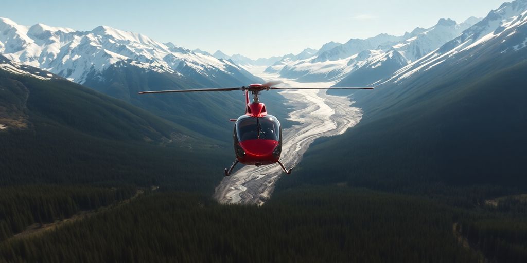 A sleek helicopter flying over a vast Alaskan mountain range.