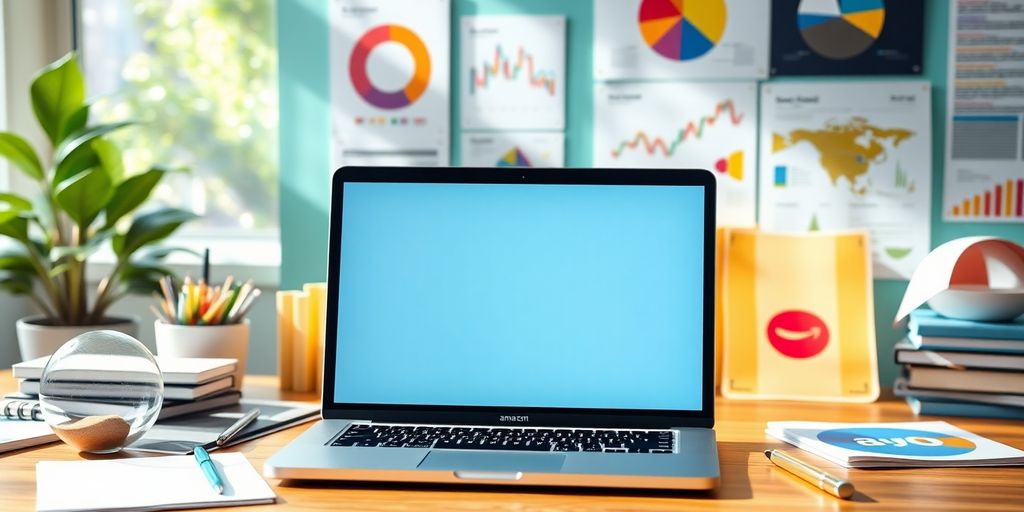 Laptop with marketing tools in a bright workspace.