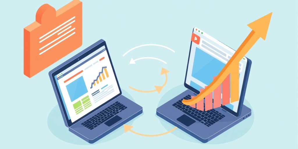 Isometric illustration of website collaboration and traffic sharing.