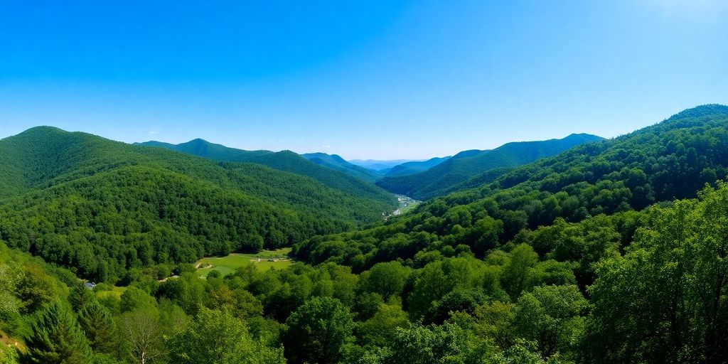 Virginia landscape, mountains, green trees, blue sky.