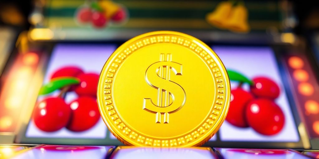 เหรียญทองและสัญลักษณ์สล็อตแมชชีนส่องแสง